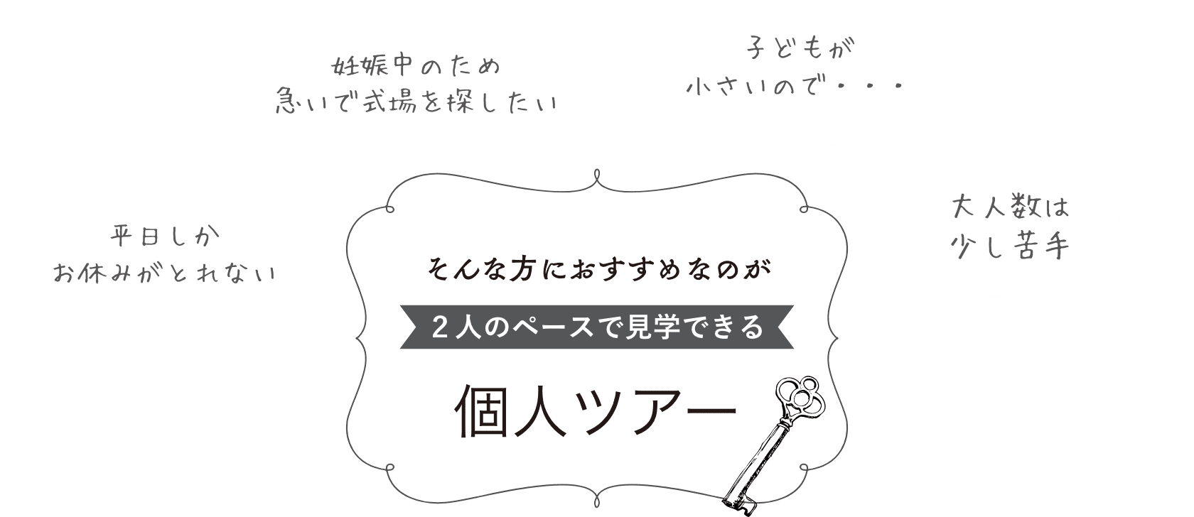 平日しかお休みがとれない・妊娠中のため急いで会場を探したい・子供が小さいので…・大人数は少し苦手…そんな方にオススメなのが２人のペースで見学できる個人ツアー