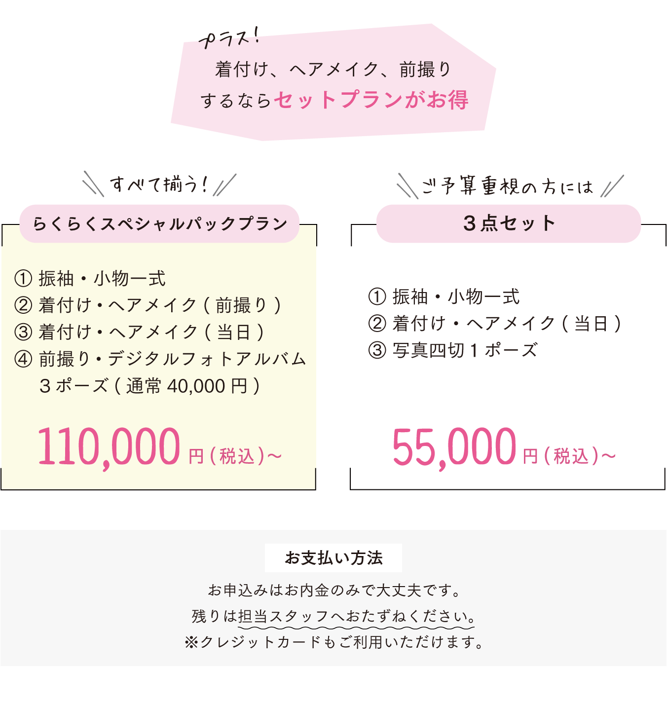 着付け、ヘアメイク、前撮りするならセットプランがお得！すべて揃う！らくらくスペシャルパックプラン① 振袖小物一式② 着付け・ヘアメイク( 前撮り)③ 着付け・ヘアメイク( 当日)④ 前撮り・デジタルフォトアルバム３ポーズ( 通常40,000 円)100,000円(税別)～※振袖レンタル代は別途。ご予算重視の方には３点セット① 振袖小物一式　② 着付け・ヘアメイク( 当日)③ 写真四切１ポーズ 50,000円(税別)※振袖レンタル代は別途。お支払い方法。お申込みに内金のみ。残りは2019 年12 月20 日までにご入金でＯＫ！※カードも利用できます。