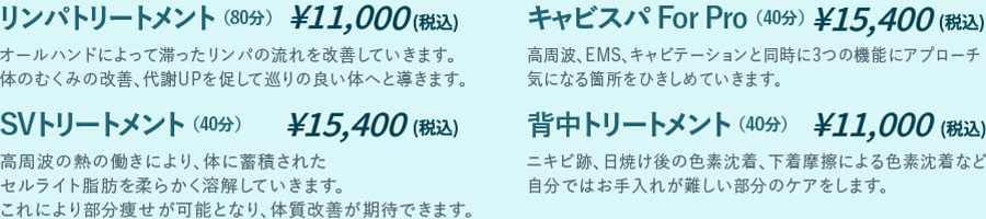 リンパトリートメント （80分）¥10,000（税別）
            オールハンドによって滞ったリンパの流れを改善していきます。体のむくみの改善、代謝UPを促して巡りの良い体へと導きます。

            SVトリートメント （40分）¥14,000（税別）
            高周波の熱の働きにより、体に蓄積されたセルライト脂肪を柔らかく溶解していきます。これにより部分痩せが可能となり、体質改善が期待できます。

            キャビスパ For Pro （40分）¥14,000（税別）
            高周波、EMS、キャビテーションと同時に3つの機能にアプローチ 気になる箇所をひきしめていきます。

            背中トリートメント （40分）¥10,000（税別）
            ニキビ跡、日焼け後の色素沈着、下着摩擦による色素沈着など自分ではお手入れが難しい部分のケアをします。